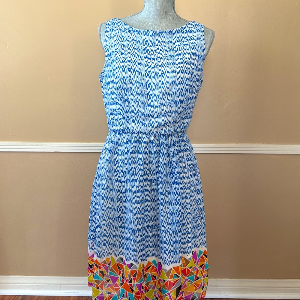 RONNI NICOLE 💙BLUE💙 PATTERNED COLOFUL HEM LINED DRESS SIZE 10 🌟EUC🌟